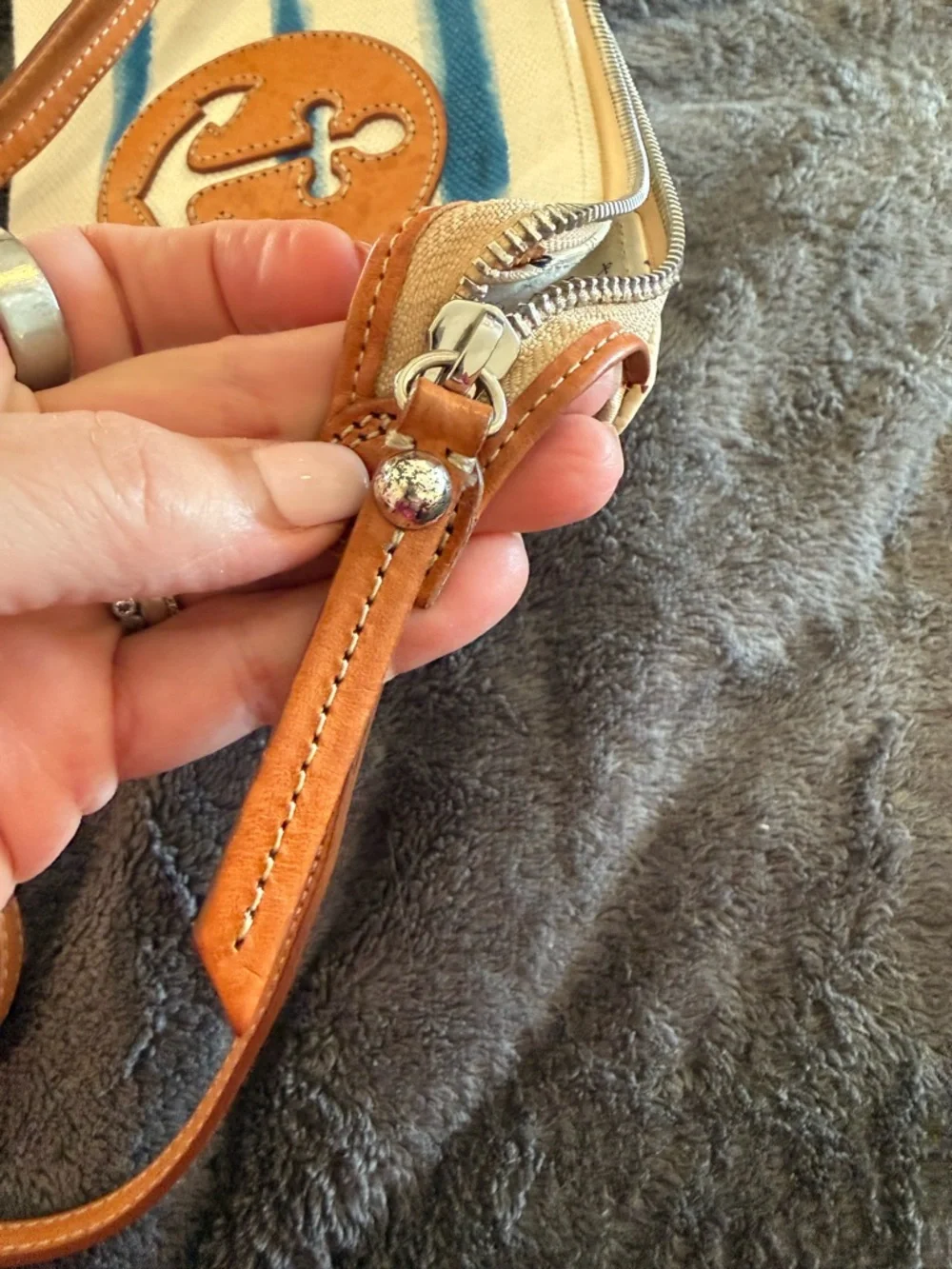 Brighton Canvas Stripe Crossbody with Anchor Patch - Blue & Tan - Picture 10 of 15